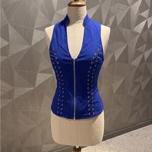 Blue Lace-Up Corset Vest with Front Zipper